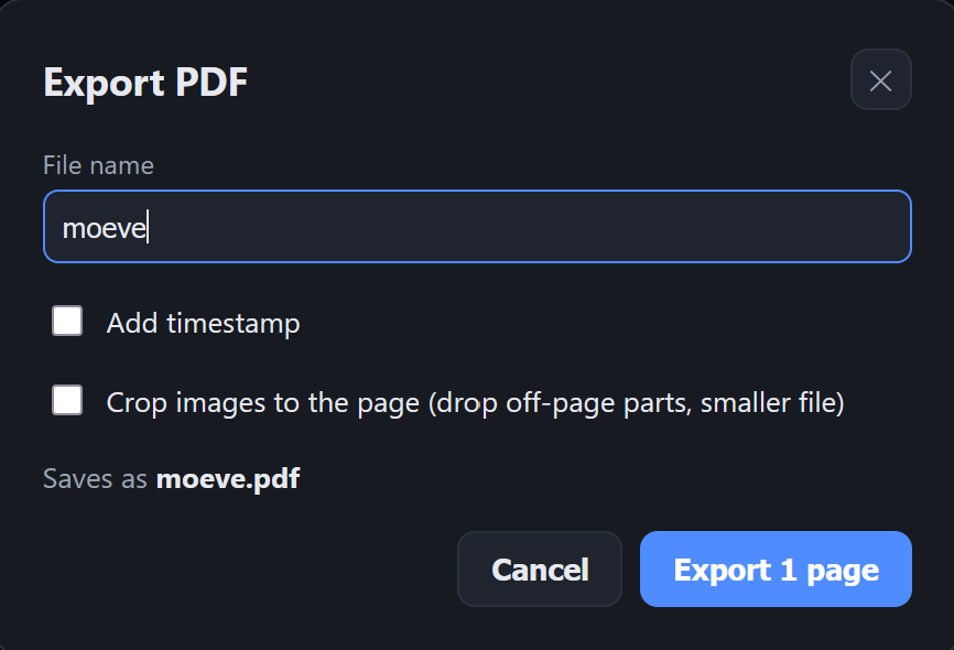 The export dialog with the filename input and timestamp / crop options