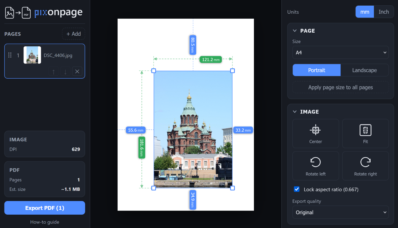 Placing and resizing an image on the page with on-screen measurements and handles